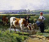Julien Dupre Canvas Paintings - Milkmaid with Cows
